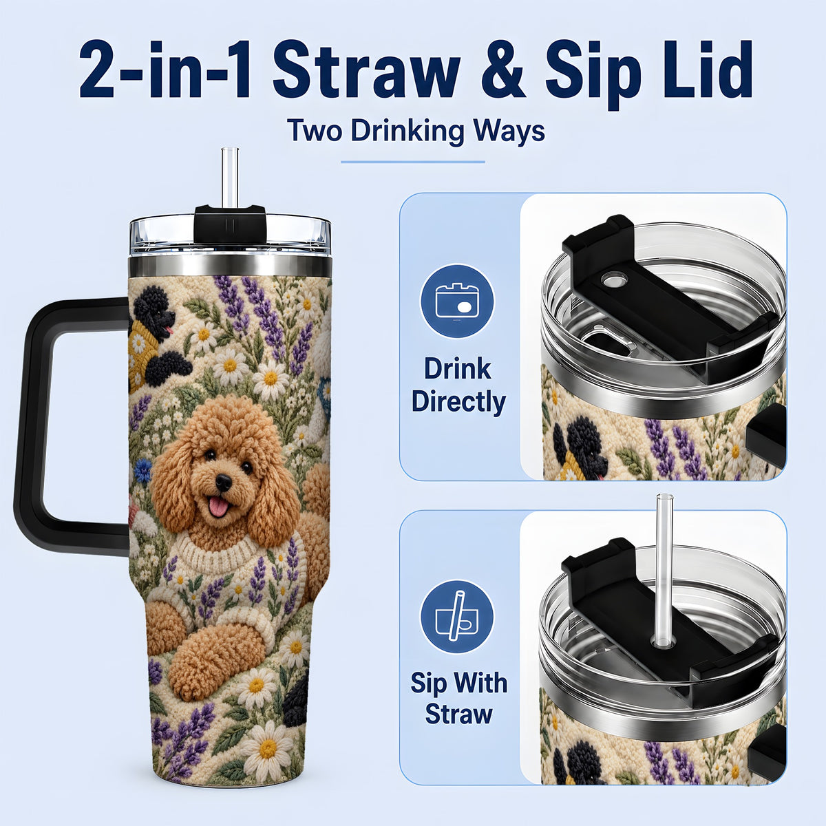 #pl[40oz|Black] Poodle Floral Tumbler, 40oz Tumbler with Lavender Meadow Artwork