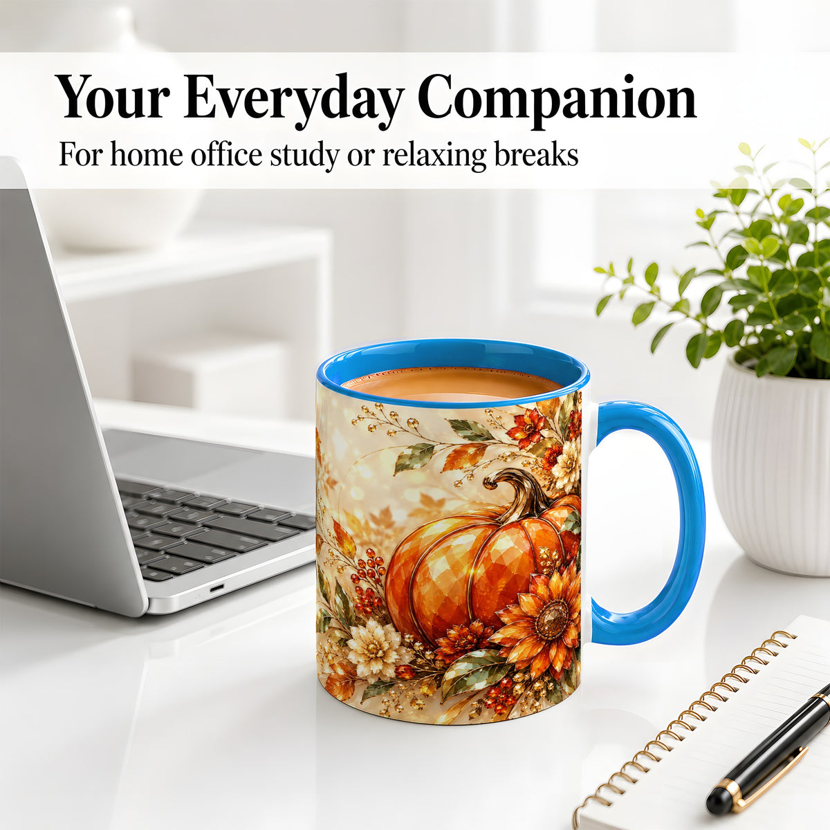 #pl[11oz|Blue] Autumn Pumpkin Ceramic Mug, Floral Fall Artwork for Fall Lovers