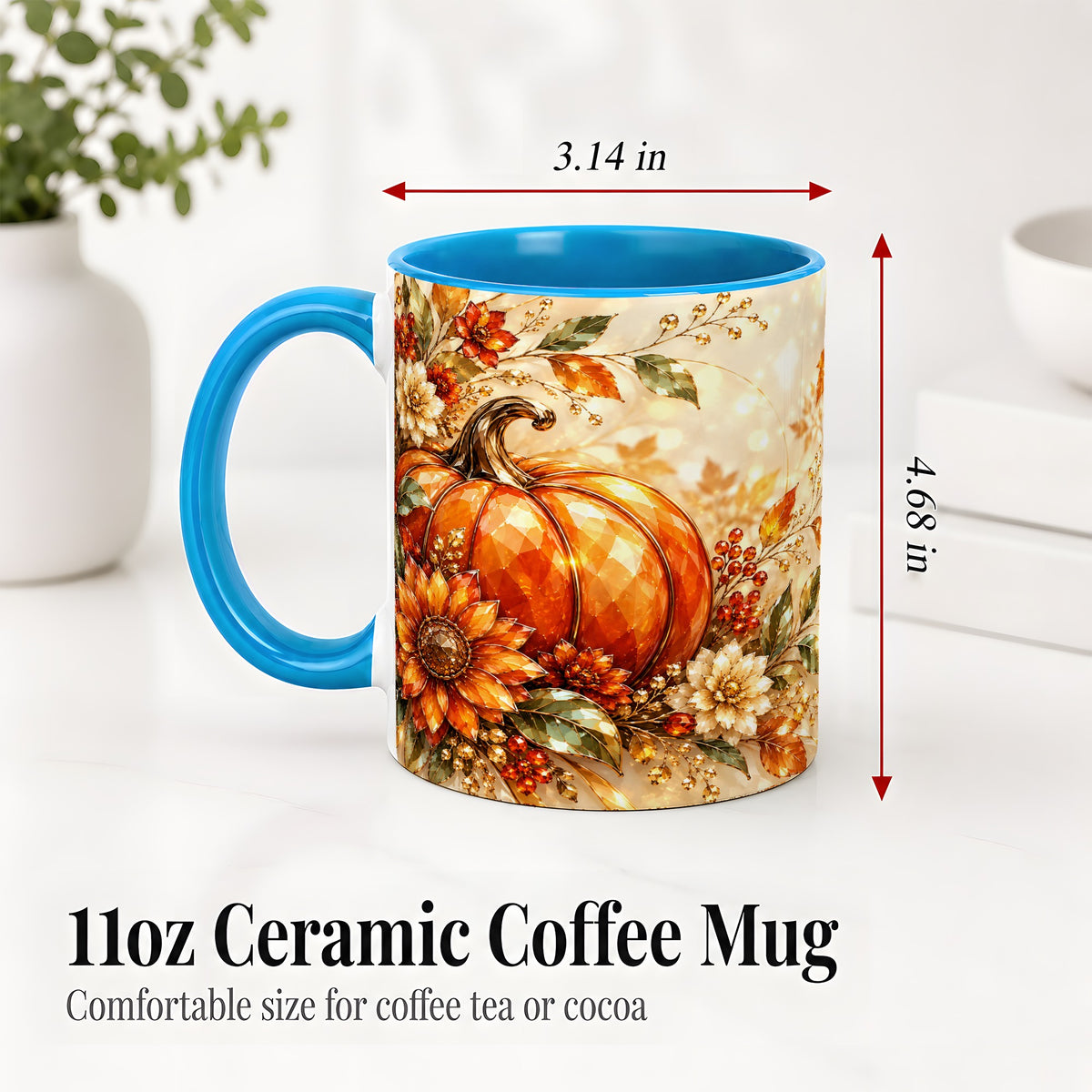 #pl[11oz|Blue] Autumn Pumpkin Ceramic Mug, Floral Fall Artwork for Fall Lovers
