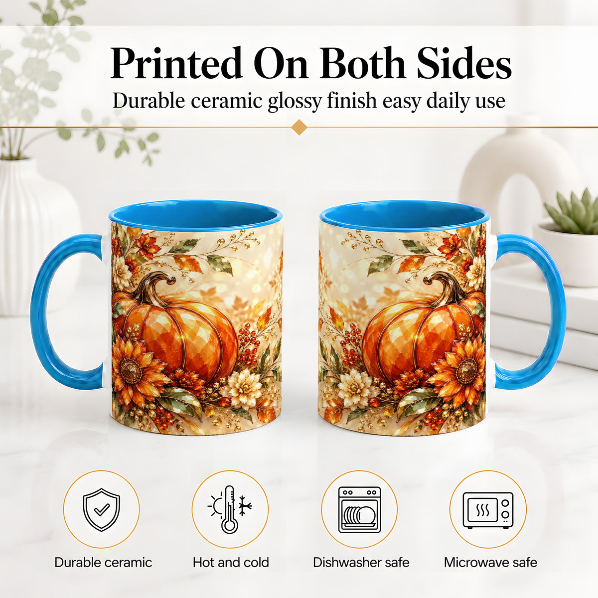 #pl[11oz|Blue] Autumn Pumpkin Ceramic Mug, Floral Fall Artwork for Fall Lovers