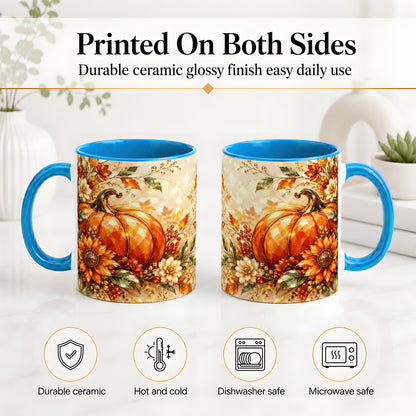 #pl[11oz|Blue] Autumn Pumpkin Ceramic Mug, Floral Fall Artwork for Fall Lovers