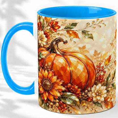 #pl[11oz|Blue] Autumn Pumpkin Ceramic Mug, Floral Fall Artwork for Fall Lovers