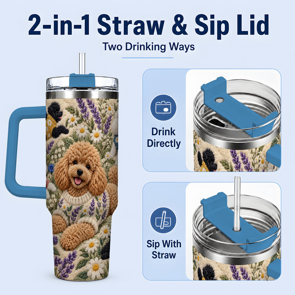 #pl[40oz|Blue] Poodle Floral Tumbler, 40oz Tumbler with Lavender Meadow Artwork