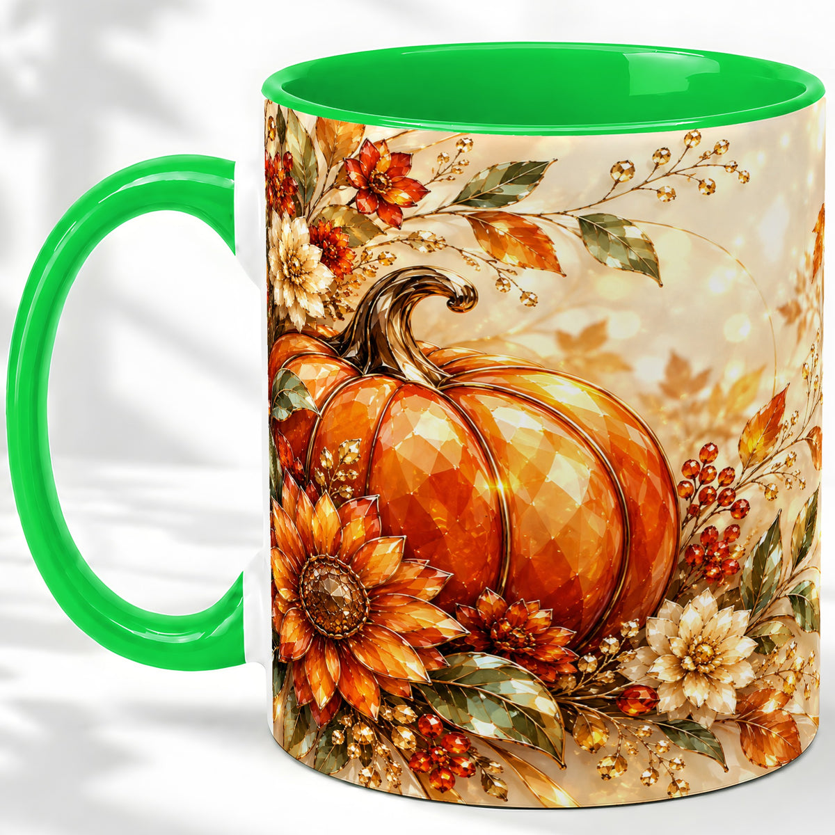 #pl[11oz|Green] Autumn Pumpkin Ceramic Mug, Floral Fall Artwork for Fall Lovers