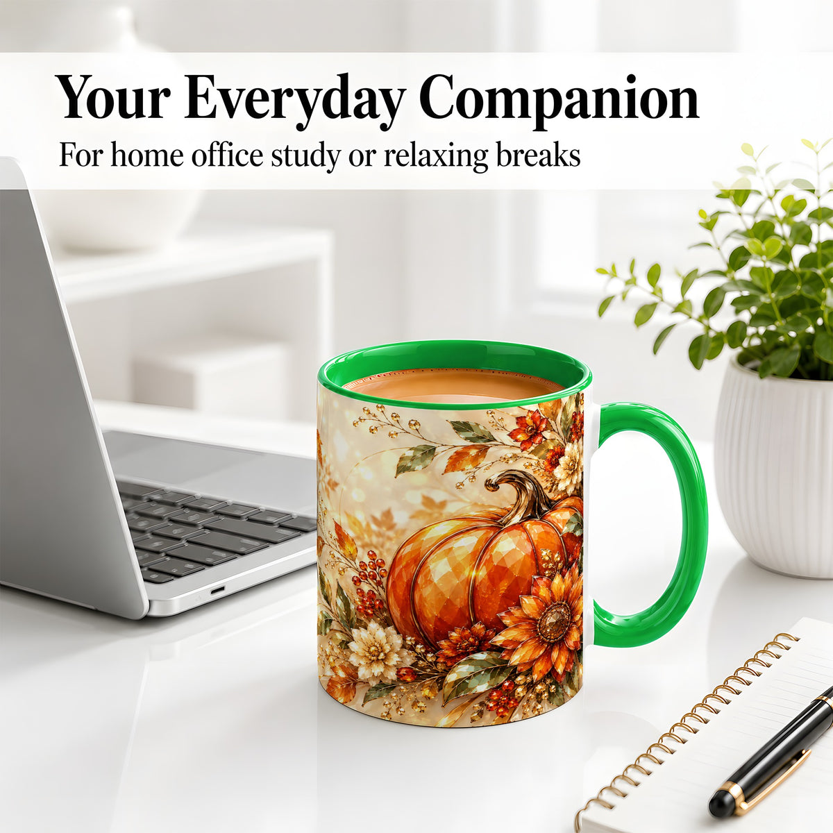 #pl[11oz|Green] Autumn Pumpkin Ceramic Mug, Floral Fall Artwork for Fall Lovers