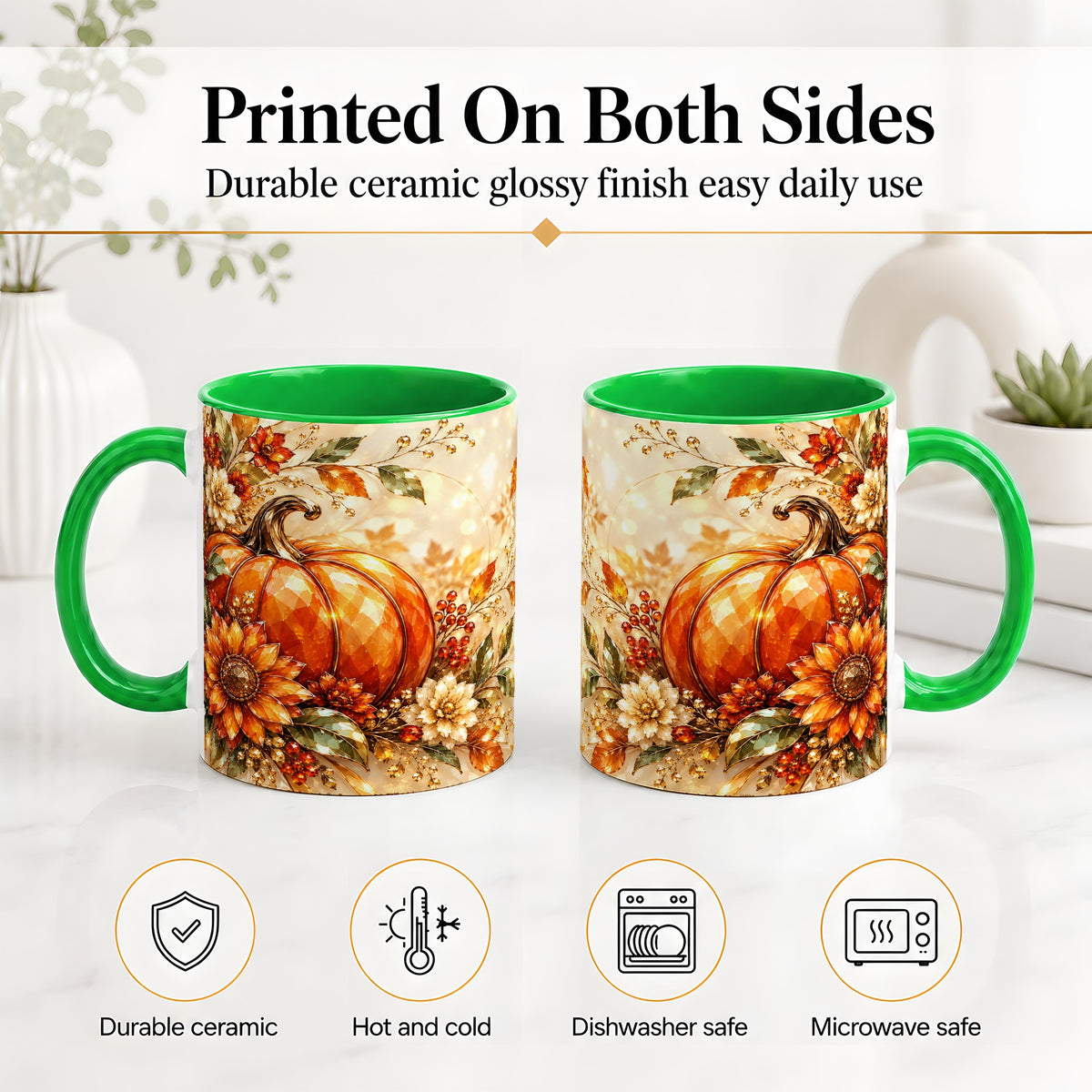 #pl[11oz|Green] Autumn Pumpkin Ceramic Mug, Floral Fall Artwork for Fall Lovers