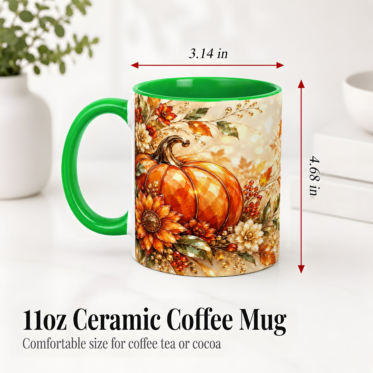 #pl[11oz|Green] Autumn Pumpkin Ceramic Mug, Floral Fall Artwork for Fall Lovers
