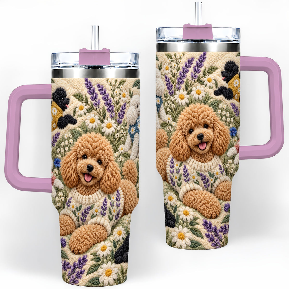 #pl[40oz|Pink] Poodle Floral Tumbler, 40oz Tumbler with Lavender Meadow Artwork