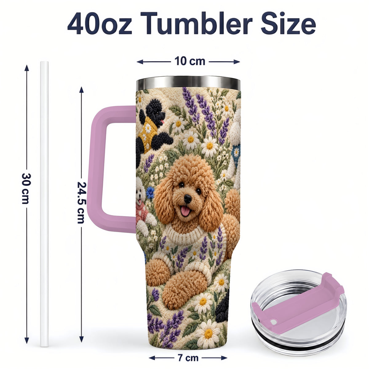 #pl[40oz|Pink] Poodle Floral Tumbler, 40oz Tumbler with Lavender Meadow Artwork