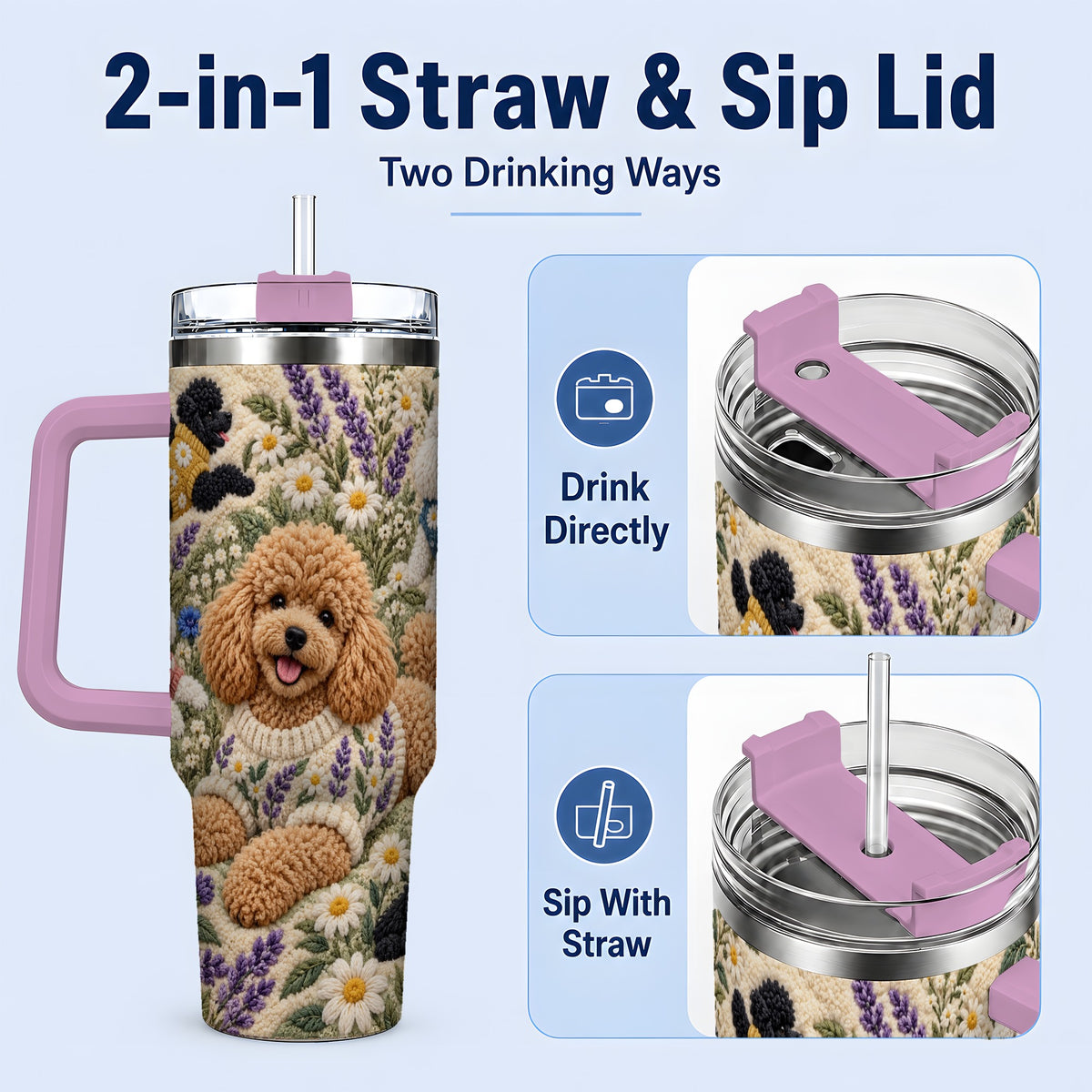 #pl[40oz|Pink] Poodle Floral Tumbler, 40oz Tumbler with Lavender Meadow Artwork
