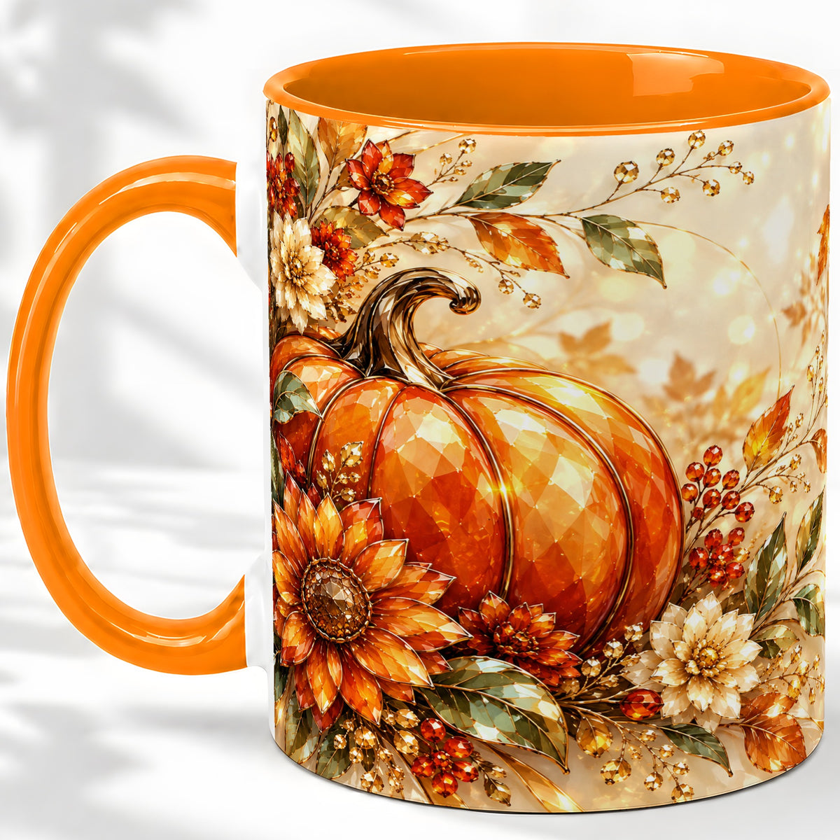 #pl[11oz|Orange] Autumn Pumpkin Ceramic Mug, Floral Fall Artwork for Fall Lovers