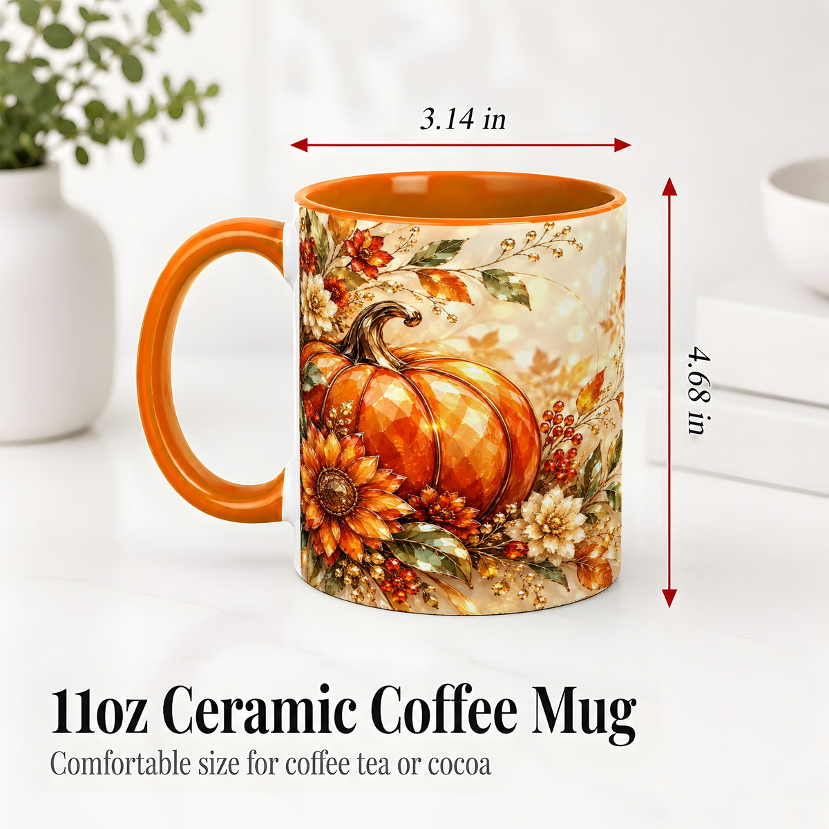 #pl[11oz|Orange] Autumn Pumpkin Ceramic Mug, Floral Fall Artwork for Fall Lovers