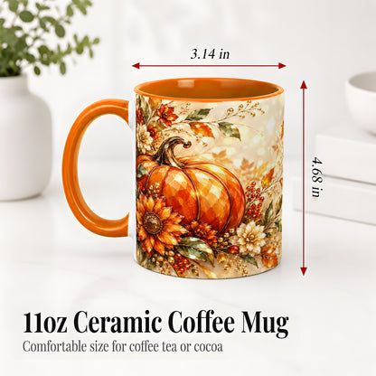 #pl[11oz|Orange] Autumn Pumpkin Ceramic Mug, Floral Fall Artwork for Fall Lovers