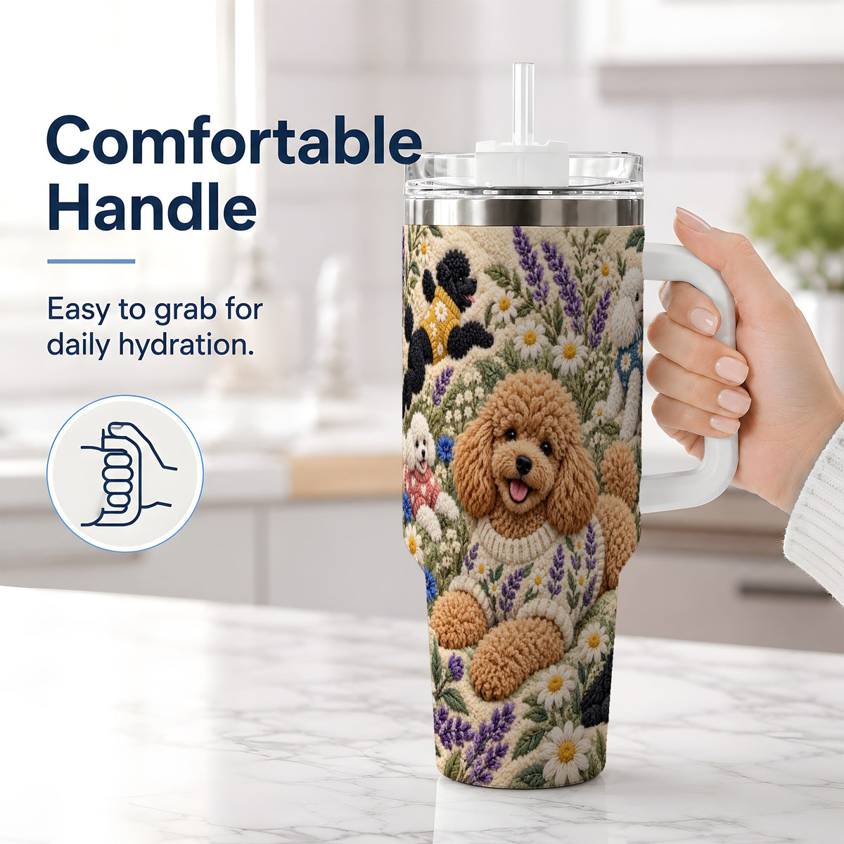 #pl[40oz|White] Poodle Floral Tumbler, 40oz Tumbler with Lavender Meadow Artwork