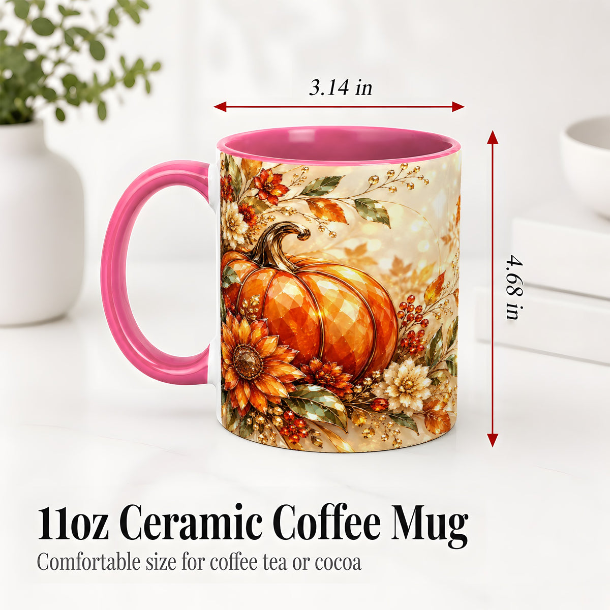 #pl[11oz|Pink] Autumn Pumpkin Ceramic Mug, Floral Fall Artwork for Fall Lovers