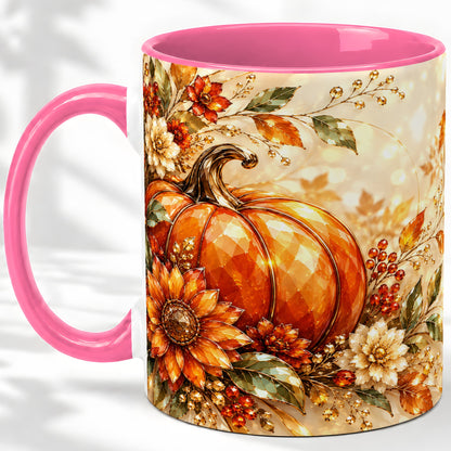 #pl[11oz|Pink] Autumn Pumpkin Ceramic Mug, Floral Fall Artwork for Fall Lovers