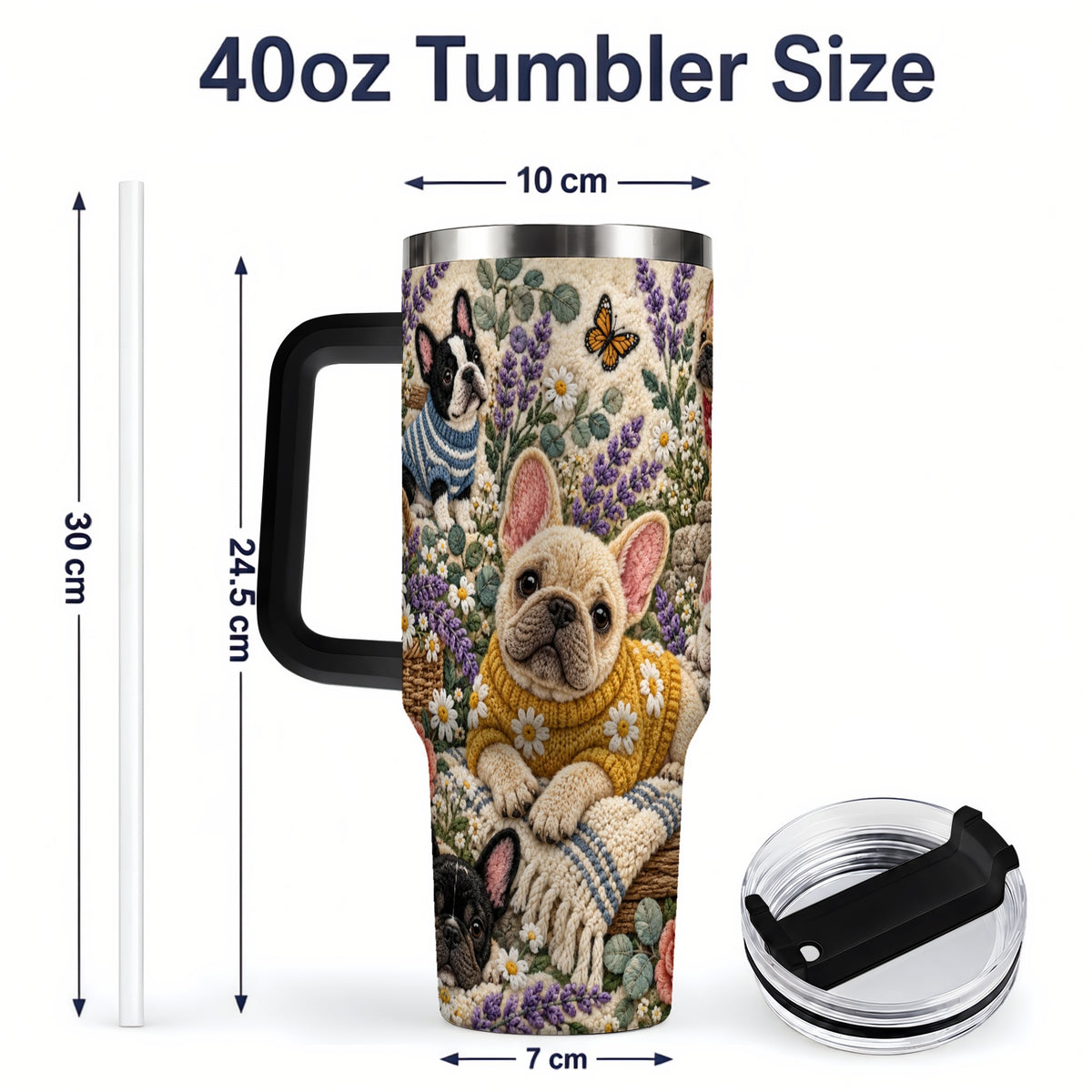 #pl[40oz|Black] French Bulldog Tumbler, 40oz Tumbler with Floral Sweater Artwork