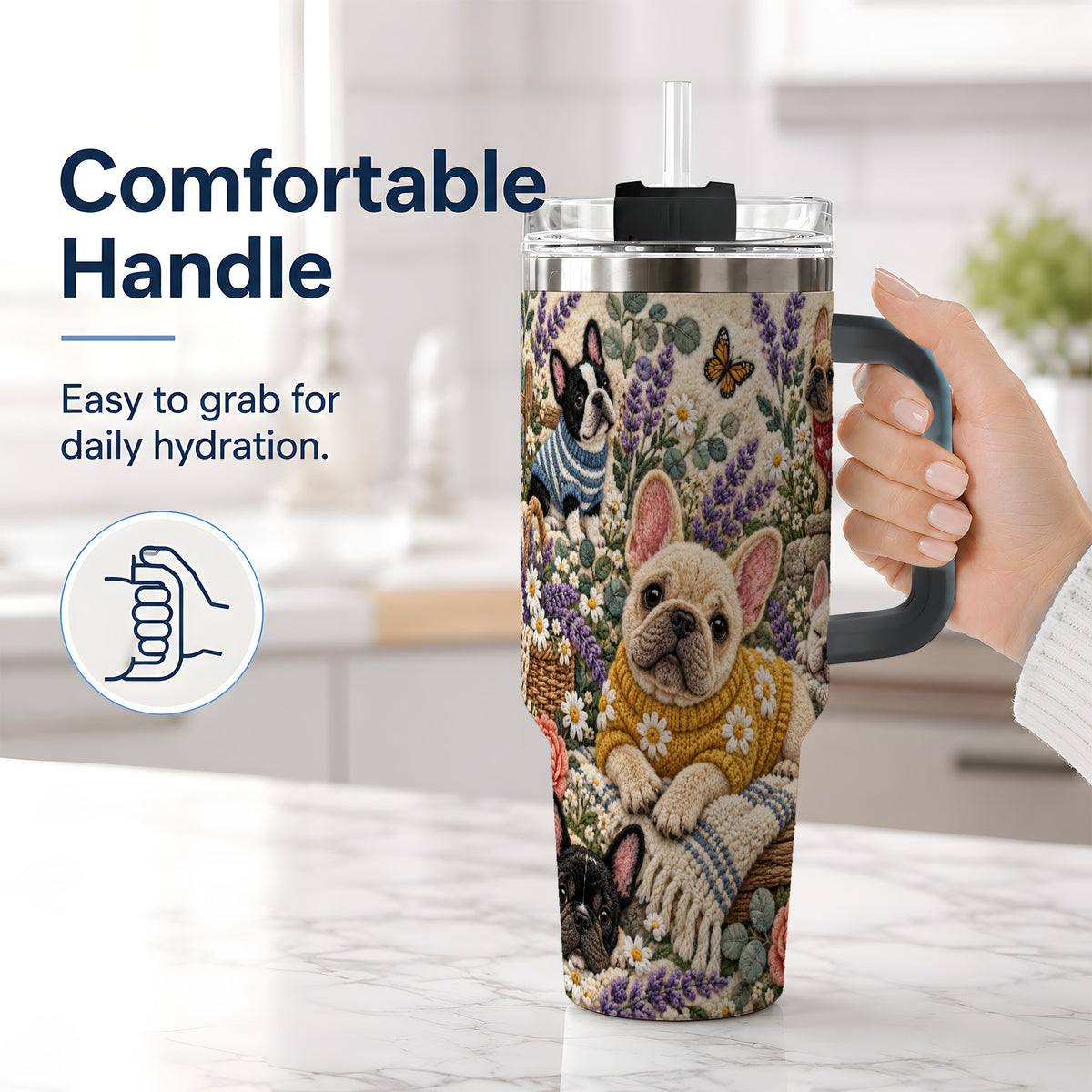 #pl[40oz|Black] French Bulldog Tumbler, 40oz Tumbler with Floral Sweater Artwork
