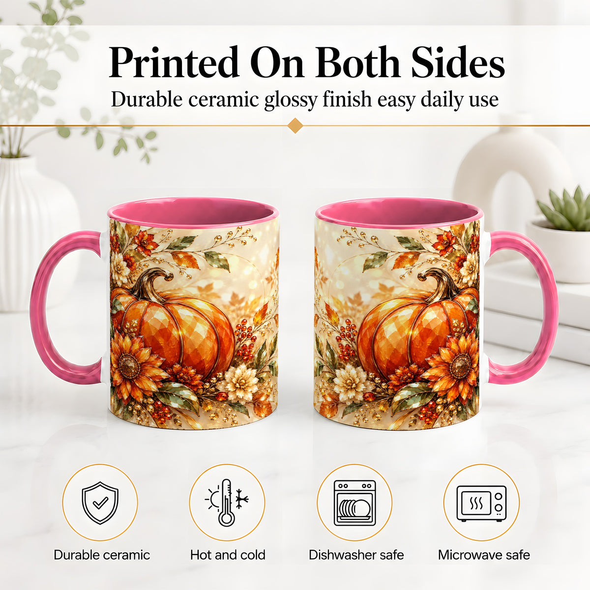 #pl[11oz|Pink] Autumn Pumpkin Ceramic Mug, Floral Fall Artwork for Fall Lovers