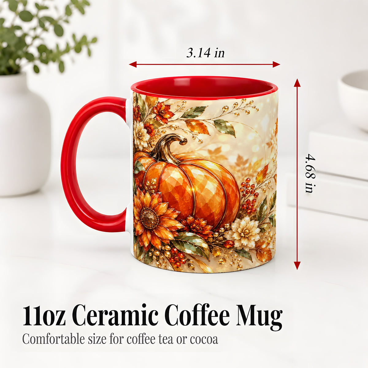 #pl[11oz|Red] Autumn Pumpkin Ceramic Mug, Floral Fall Artwork for Fall Lovers