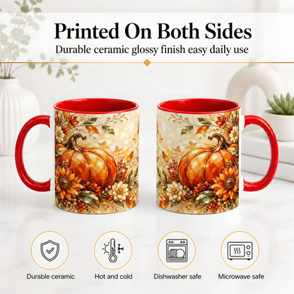 #pl[11oz|Red] Autumn Pumpkin Ceramic Mug, Floral Fall Artwork for Fall Lovers