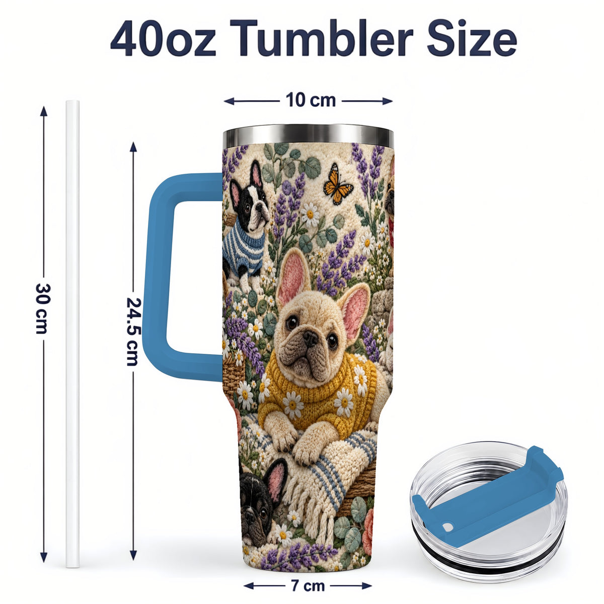 #pl[40oz|Blue] French Bulldog Tumbler, 40oz Tumbler with Floral Sweater Artwork