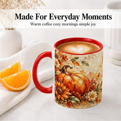 #pl[11oz|Red] Autumn Pumpkin Ceramic Mug, Floral Fall Artwork for Fall Lovers