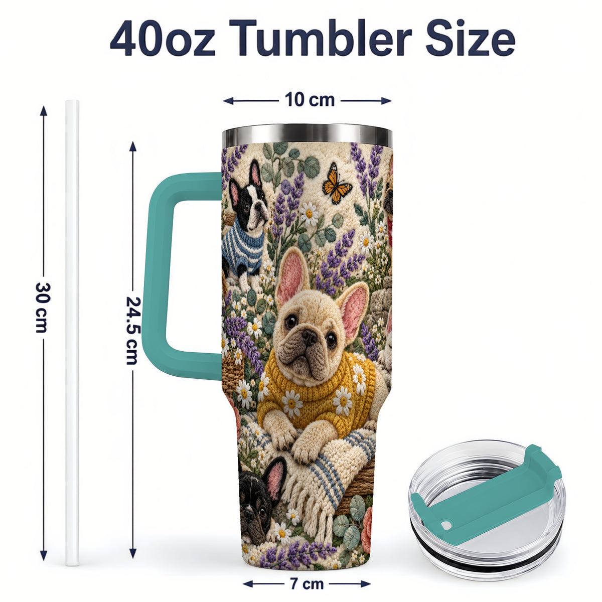 #pl[40oz|Green] French Bulldog Tumbler, 40oz Tumbler with Floral Sweater Artwork