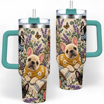 #pl[40oz|Green] French Bulldog Tumbler, 40oz Tumbler with Floral Sweater Artwork