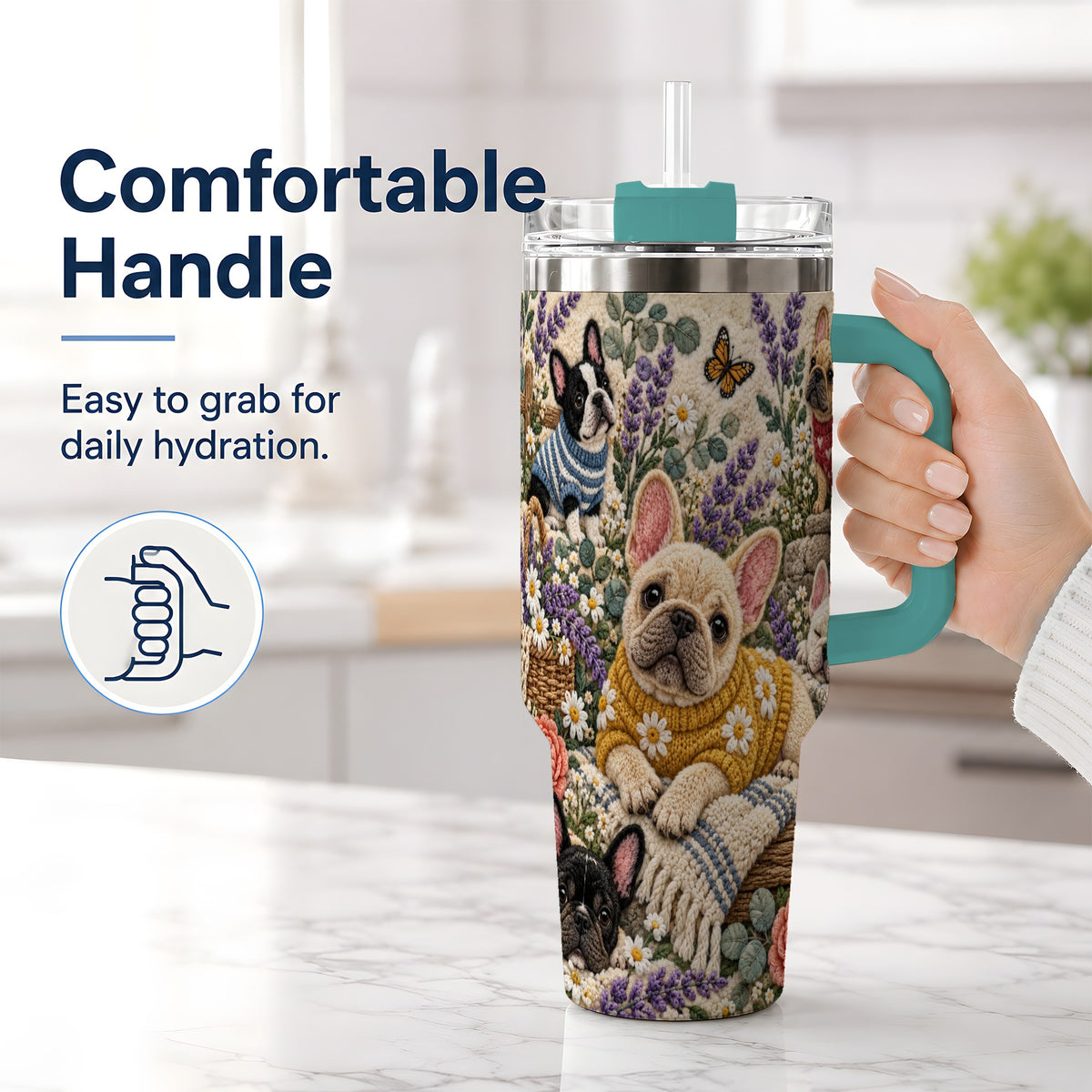 #pl[40oz|Green] French Bulldog Tumbler, 40oz Tumbler with Floral Sweater Artwork
