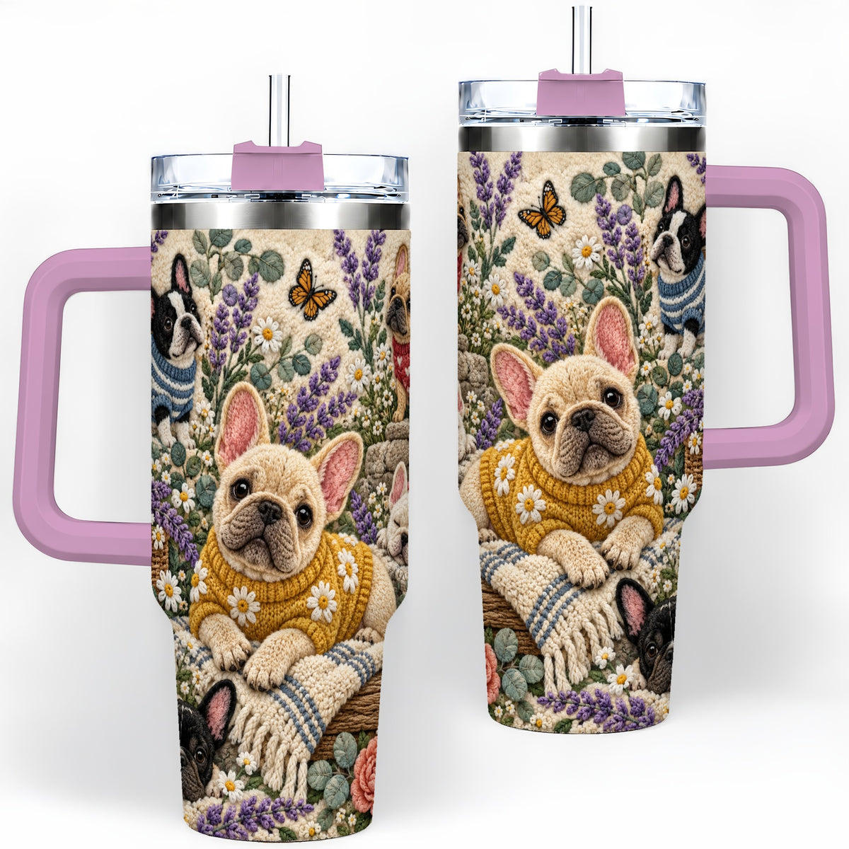 #pl[40oz|Pink] French Bulldog Tumbler, 40oz Tumbler with Floral Sweater Artwork