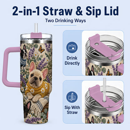 #pl[40oz|Pink] French Bulldog Tumbler, 40oz Tumbler with Floral Sweater Artwork