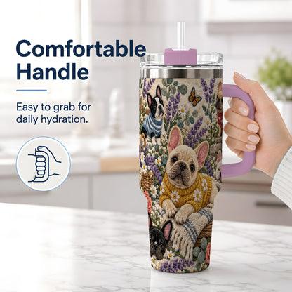 #pl[40oz|Pink] French Bulldog Tumbler, 40oz Tumbler with Floral Sweater Artwork