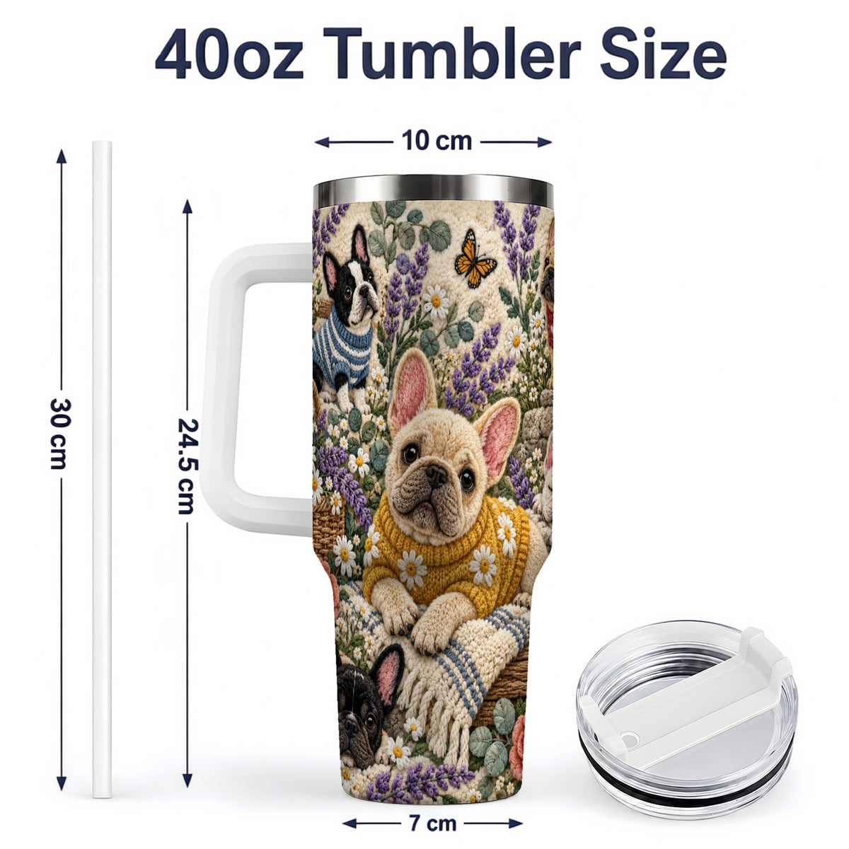 #pl[40oz|White] French Bulldog Tumbler, 40oz Tumbler with Floral Sweater Artwork