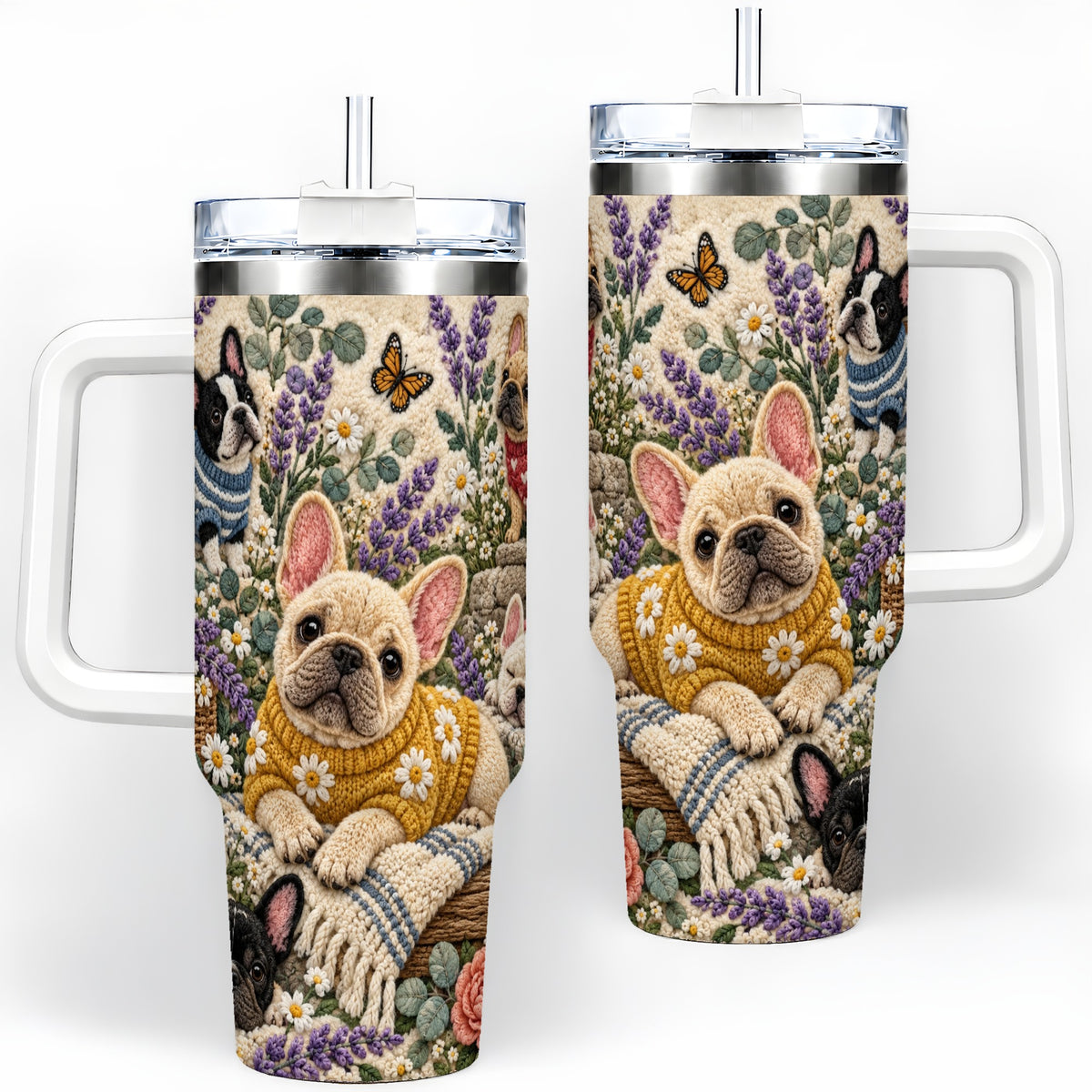 French Bulldog Tumbler, 40oz Tumbler with Floral Sweater Artwork