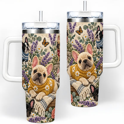 French Bulldog Tumbler, 40oz Tumbler with Floral Sweater Artwork