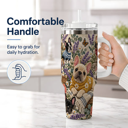 #pl[40oz|White] French Bulldog Tumbler, 40oz Tumbler with Floral Sweater Artwork