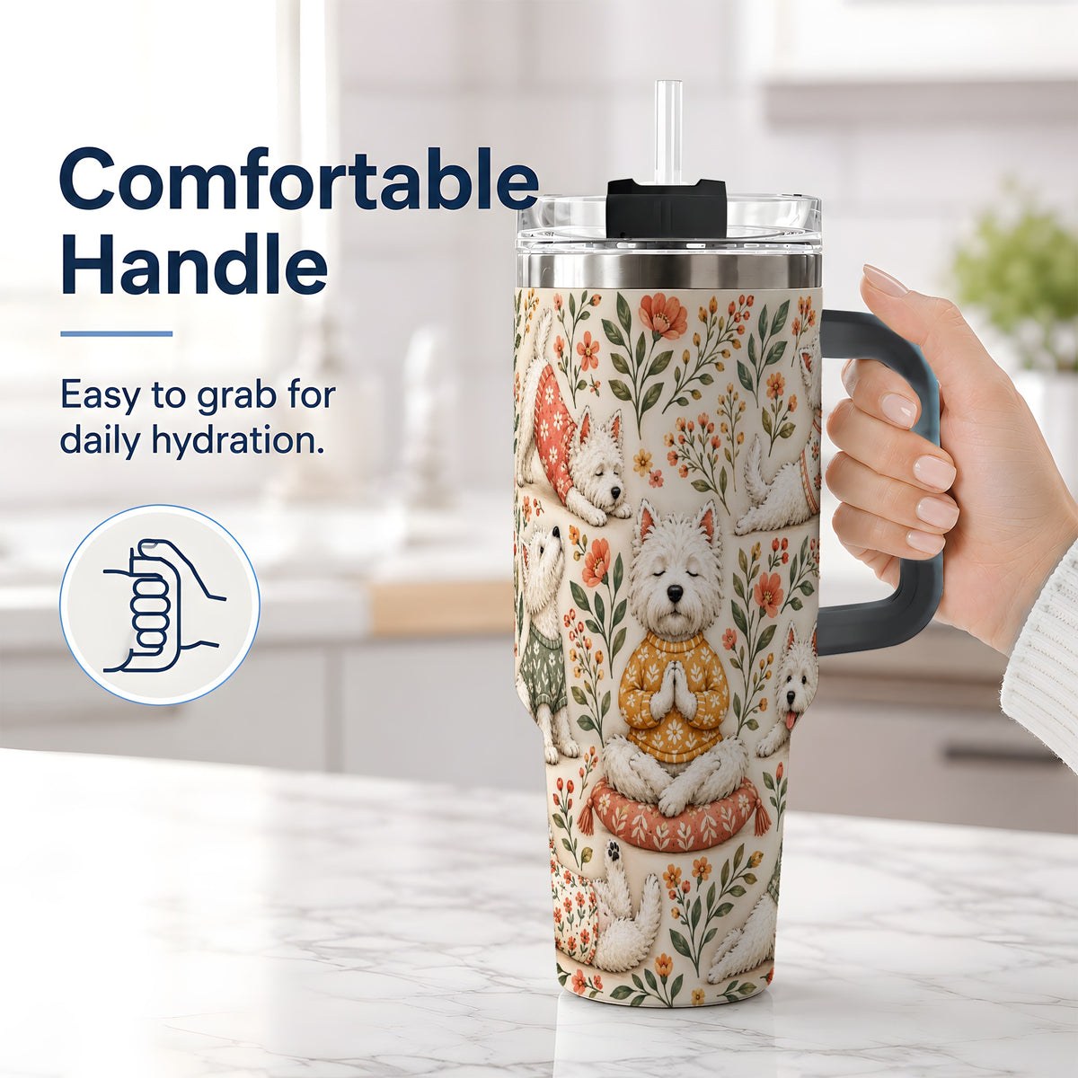 #pl[40oz|Black] White Terrier Tumbler, 40oz Tumbler with Botanical Yoga Artwork