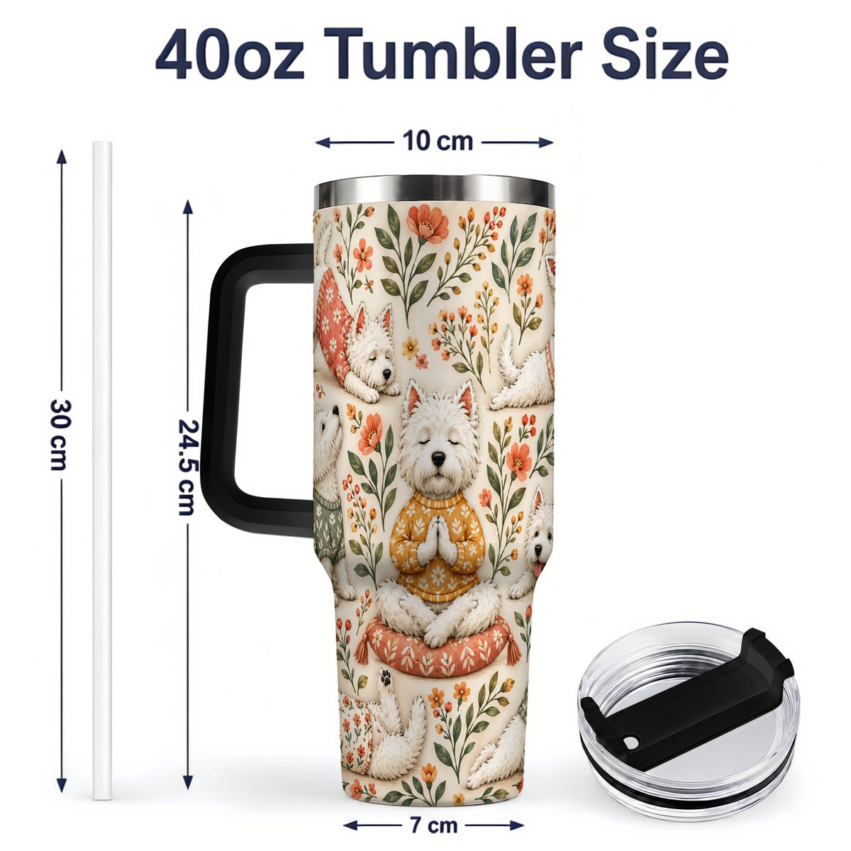 #pl[40oz|Black] White Terrier Tumbler, 40oz Tumbler with Botanical Yoga Artwork