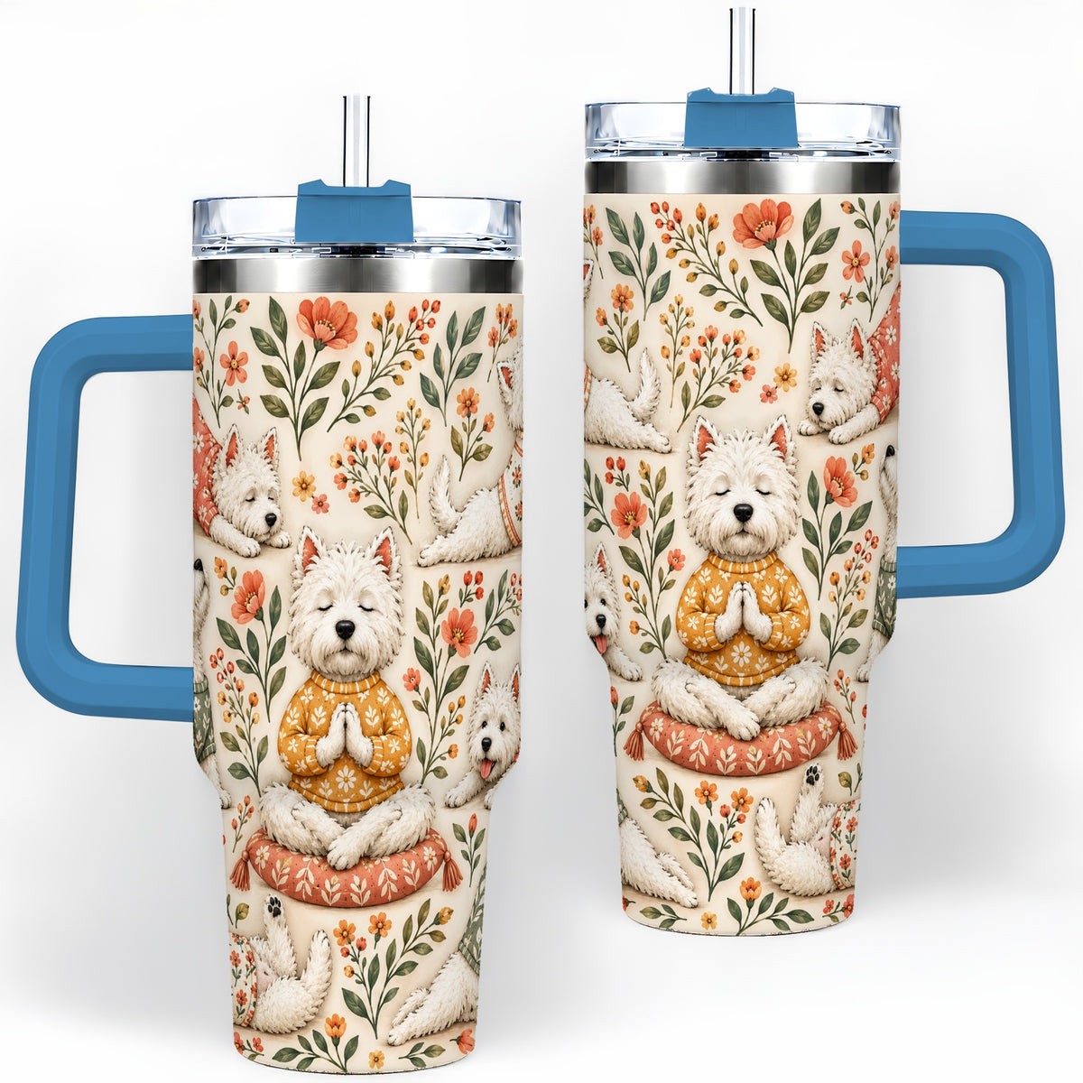 #pl[40oz|Blue] White Terrier Tumbler, 40oz Tumbler with Botanical Yoga Artwork