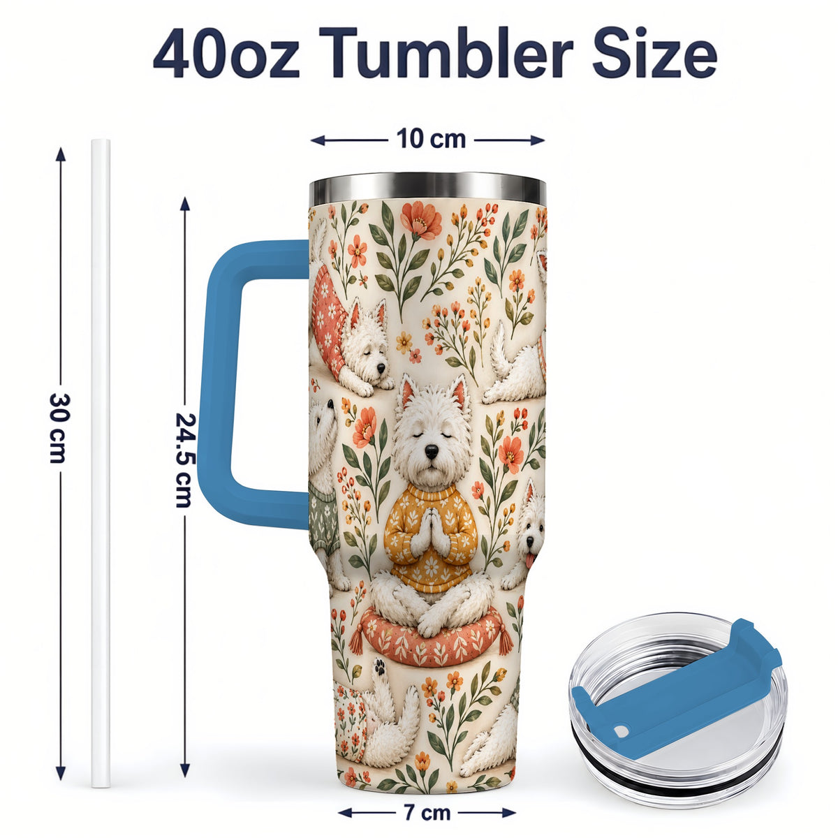 #pl[40oz|Blue] White Terrier Tumbler, 40oz Tumbler with Botanical Yoga Artwork