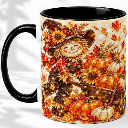 #pl[11oz|Black] Harvest Scarecrow Ceramic Mug, Pumpkin Wagon Art for Fall Lovers