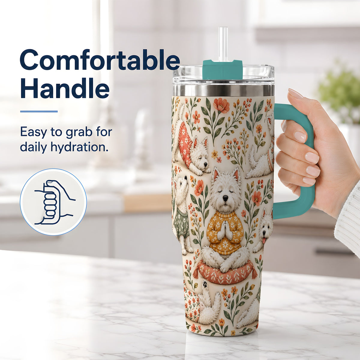 #pl[40oz|Green] White Terrier Tumbler, 40oz Tumbler with Botanical Yoga Artwork
