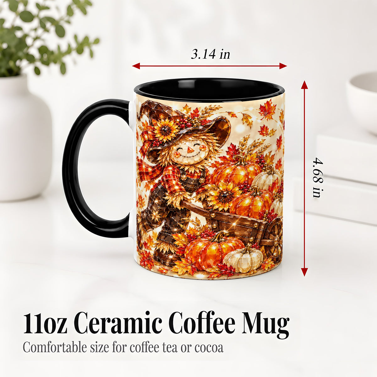 #pl[11oz|Black] Harvest Scarecrow Ceramic Mug, Pumpkin Wagon Art for Fall Lovers