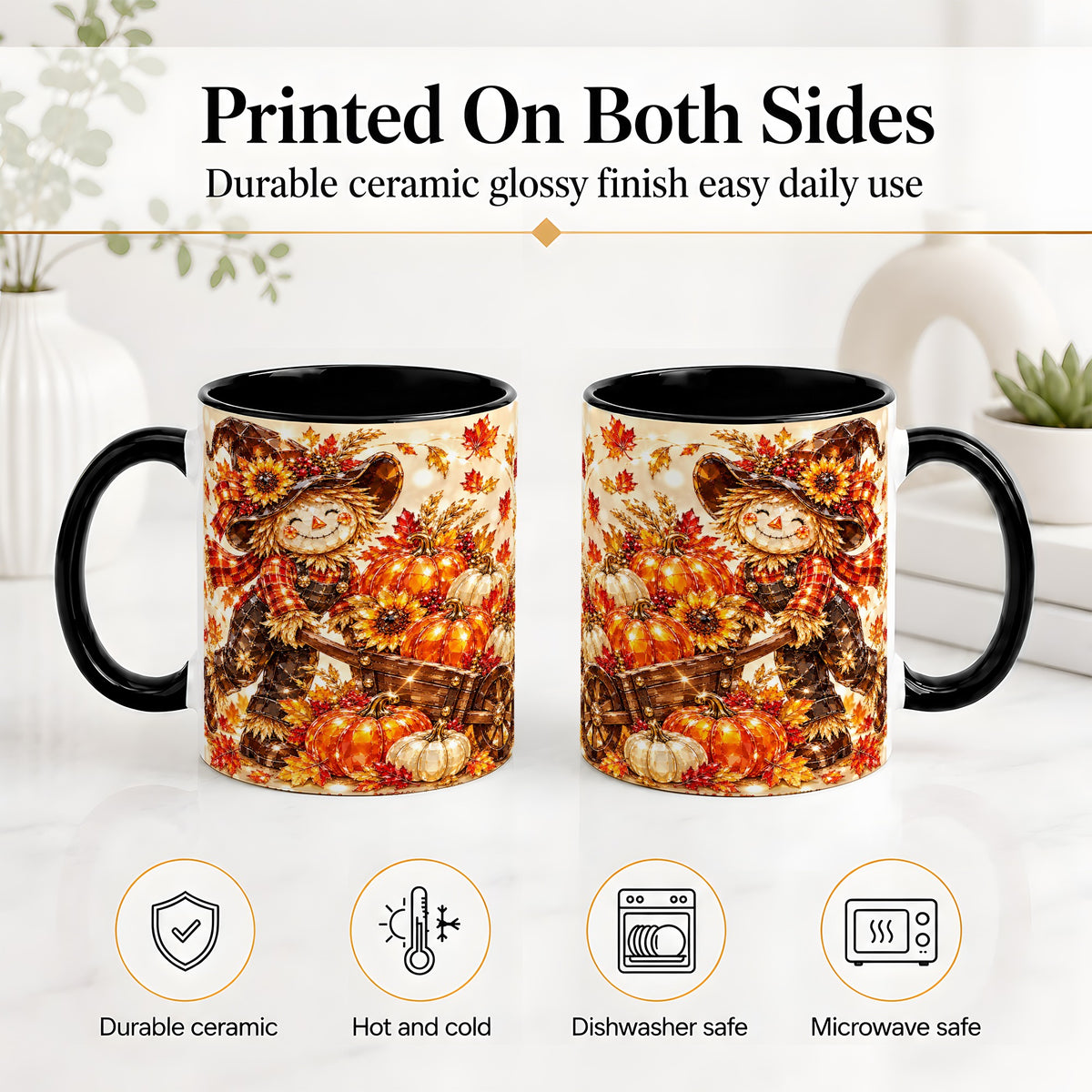 #pl[11oz|Black] Harvest Scarecrow Ceramic Mug, Pumpkin Wagon Art for Fall Lovers