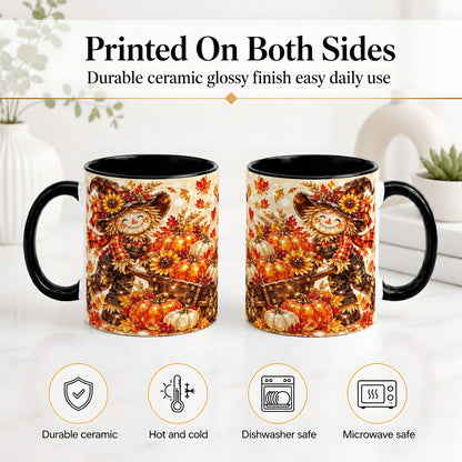 #pl[11oz|Black] Harvest Scarecrow Ceramic Mug, Pumpkin Wagon Art for Fall Lovers