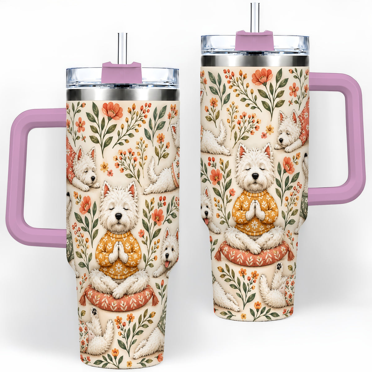 #pl[40oz|Pink] White Terrier Tumbler, 40oz Tumbler with Botanical Yoga Artwork