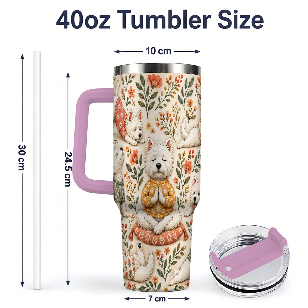 #pl[40oz|Pink] White Terrier Tumbler, 40oz Tumbler with Botanical Yoga Artwork