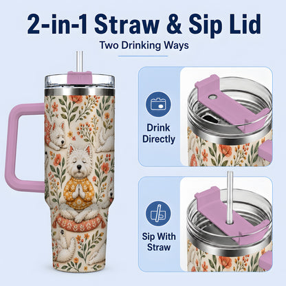#pl[40oz|Pink] White Terrier Tumbler, 40oz Tumbler with Botanical Yoga Artwork