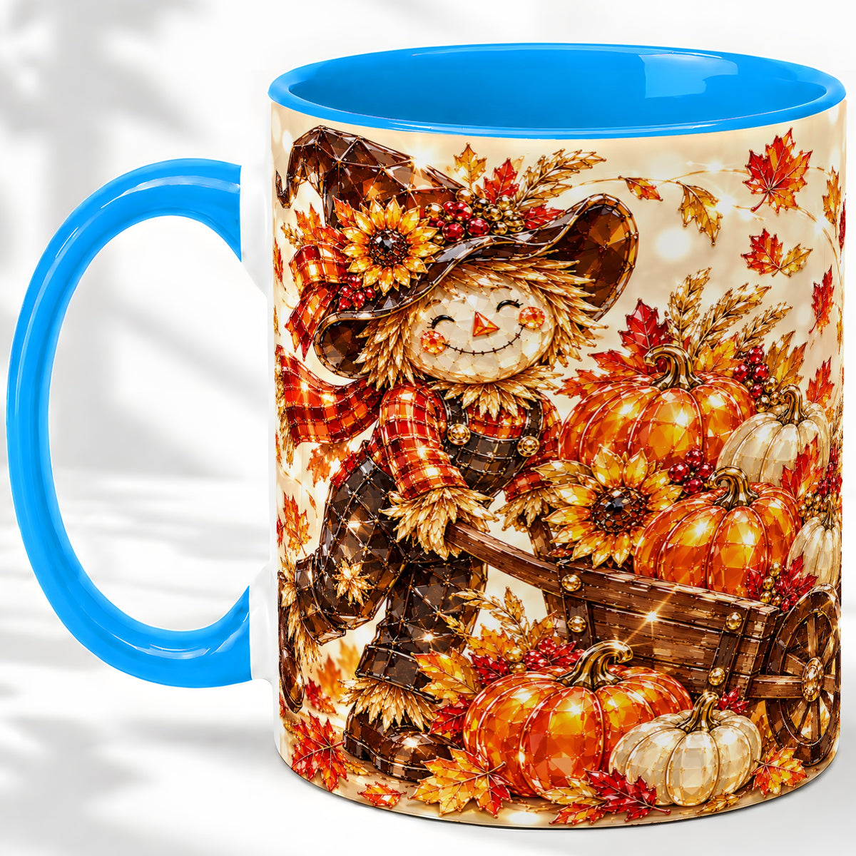 #pl[11oz|Blue] Harvest Scarecrow Ceramic Mug, Pumpkin Wagon Art for Fall Lovers